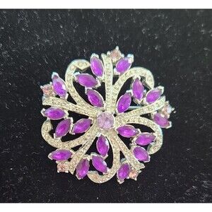 Vintage Flower Brooch Pin Purple Pavé Rhinestones Silver Tone Metal